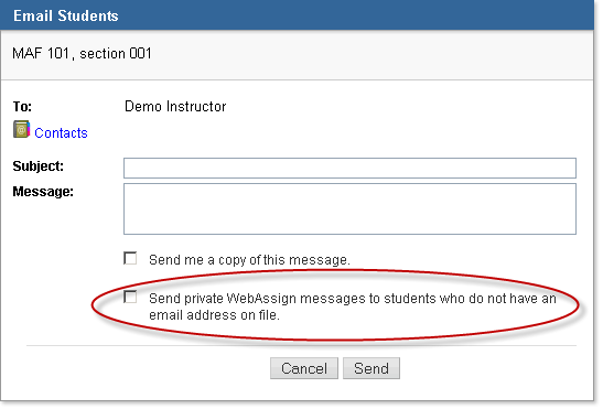 Email Students window displaying new "Send private WebAssign messages to students who do not have an email address on file" option.
