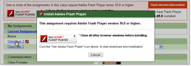Students see an alert if they need to install Flash for an assignment