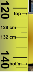 a screenshot of the pendulum apparatus simulation: segment of the measuring tape with a tick mark between 128 and 132 centimeters