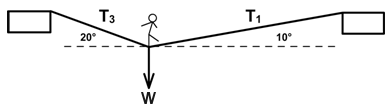 Figure 5 shows a model of a slackwire walker, Elvira, making her way across the wire rope from left to right. The single rope acts like two separate sections of rope with different tension forces on either side of her. At a certain instant, the section of rope behind her has tension T3 at a 20 degree angle from the horizontal of her position on the rope, and the section in front of her has tension T1 at a 10 degree angle from the horizontal. The force of Elvira's weight, W, is directed downward from her position on the rope at that instant.