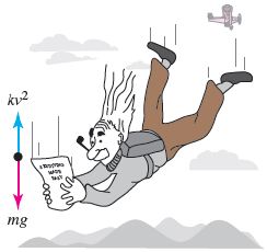 For high-speed motion through the air - such as a skydiver shown in the figure, falling before the parachute is opened - air resistance is close to a power of the instantaneous velocity v(t). Determine a differential equation for the velocity v(t) of a falling body of mass m if air resistance is proportional to the square of the instantaneous velocity. Assume the downward direction is positive. (Use k > 0 for the constant of proportionality, g > 0 for acceleration due to gravity, and v for v(t).) dv/dt