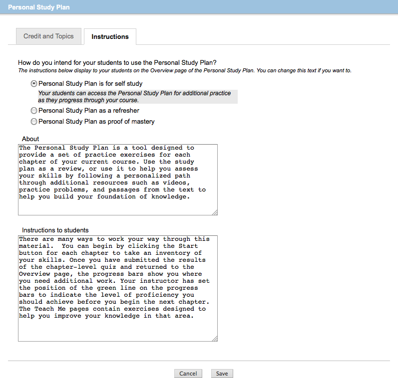 Personal Study Plan settings window, Instructions tab