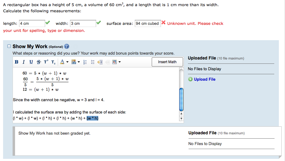 Show My Work answer box in a student's assignment