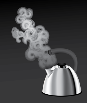 A kettle releases steam.