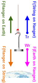 A suspended mass hanger with four arrows with labels. One green arrow on the top left is pointed up and is labeled F (Hanger on Earth); one blue arrow on the top right is pointed up and labeled F (String on Hanger) and T r; one yellow arrow on the bottom left is pointed down and labeled F (Hanger on String); and one pink arrow on the bottom right is pointed down and labeled F (Earth on Hanger) and W r.