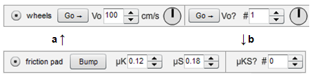 Two screenshots of the wheels and friction pad control. Figure 15 a, the wheels control shows the wheels radio button selected and Vo controls. Figure 15 b, the friction control shows friction pad radio button selected and adjustable mu K and mu S.