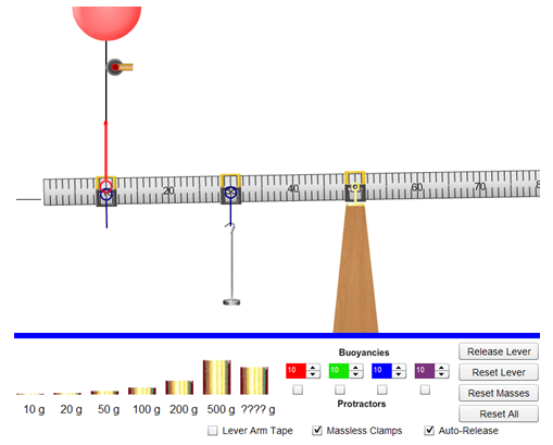 The beam balance apparatus with a red balloon at 10 centimeters, a hanging mass at 30 centimeters, and the fulcrum at 50 centimeters. The boxes for Massless Clamps and Auto-Release are checked.