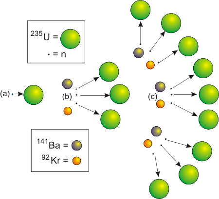 illustration of neutrons and particles formed during fission of 235U